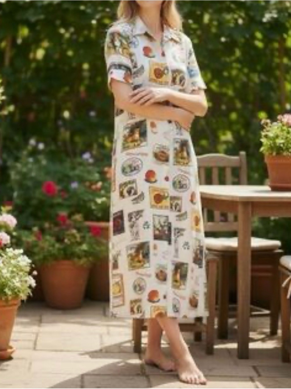 Jane and Delancey Cream Printed Collared Maxi Dress with Button Front